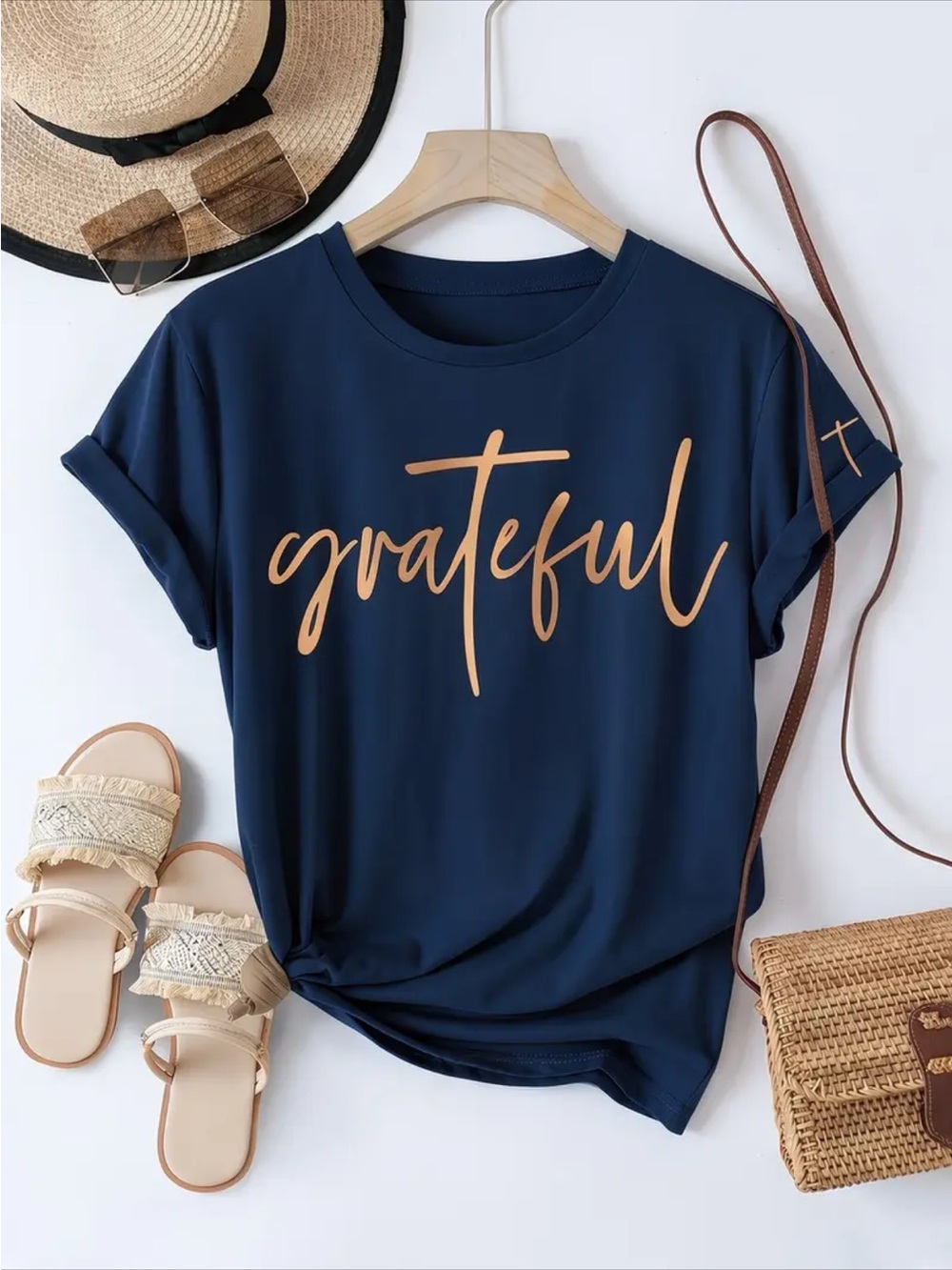 Grateful Christian Faith Cross Graphic Tee Navy Blue Women’s Inspirational Shirt